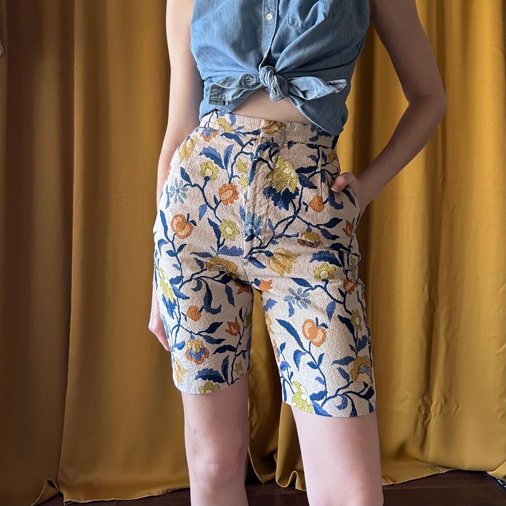 Vintage 1960s Floral Jacquard High Waisted Shorts, XXS